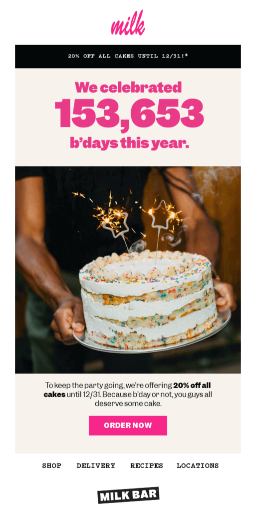 Risultati messi in evidenza in un esempio di newsletter di riepilogo dell'anno di Milk Bar