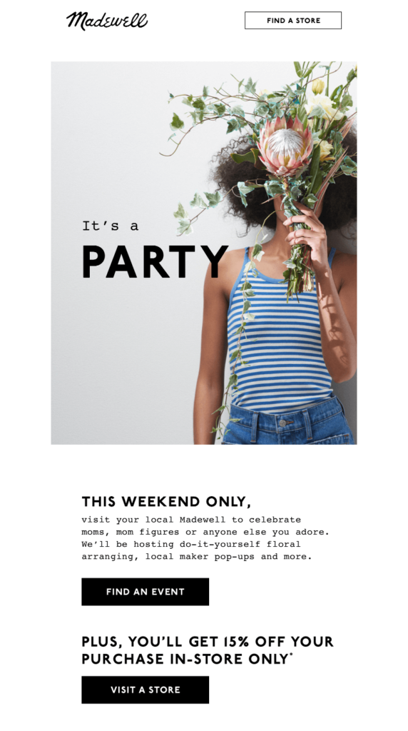 Muttertag-E-Mail mit Einladung in ein physisches Geschäft von Madewell