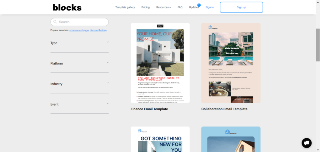 Blocks' template gallery