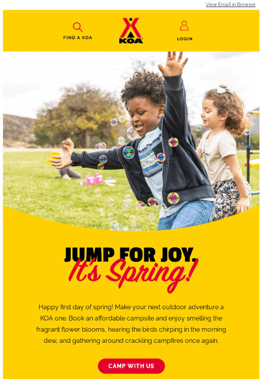 Beispiel für eine Frühlings-E-Mail-Vorlage von Kampgrounds of America, die Outdoor-Aktivitäten bewirbt