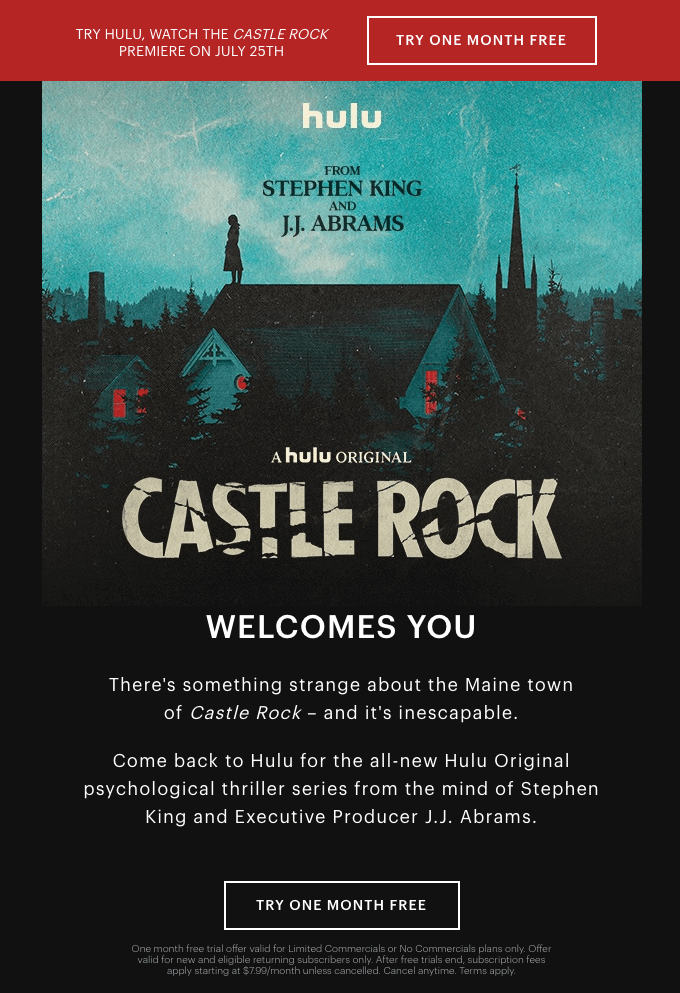 Hulu free trial email with Castle Rock promo