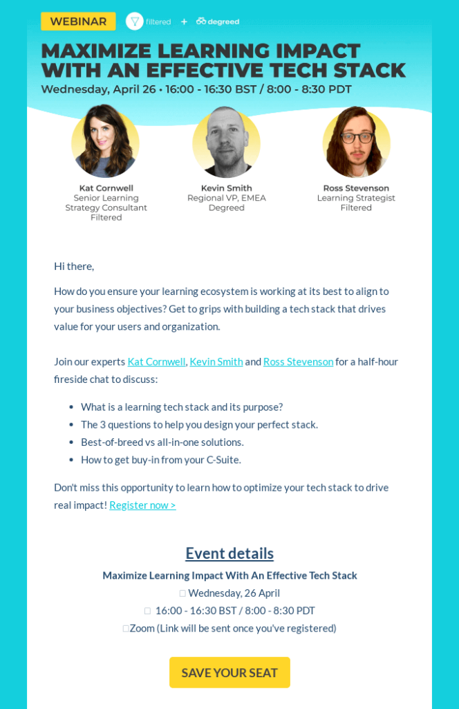 E-Mail von Filtered mit den Details zu ihrem bevorstehenden Webinar