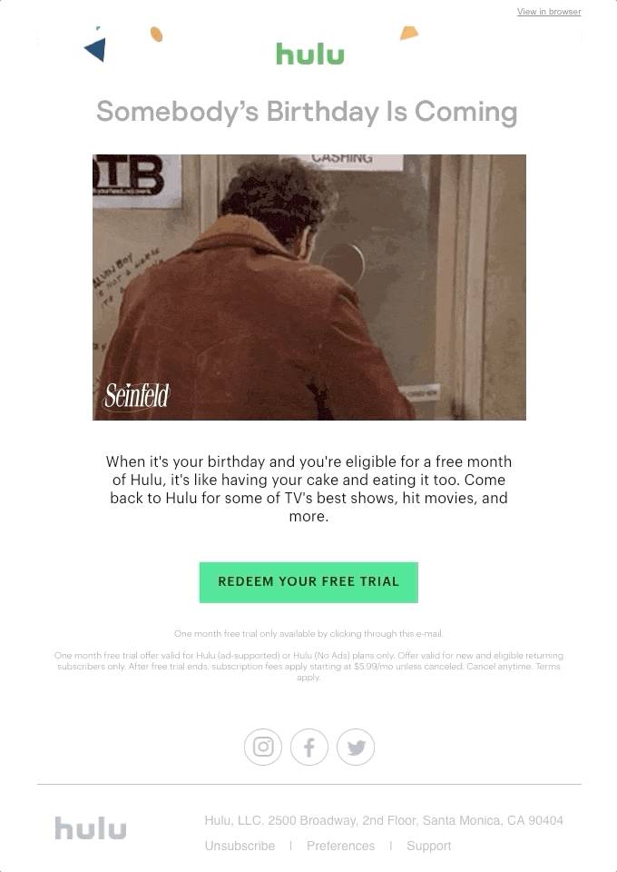 Hulu free birthday trial email with a GIF animation