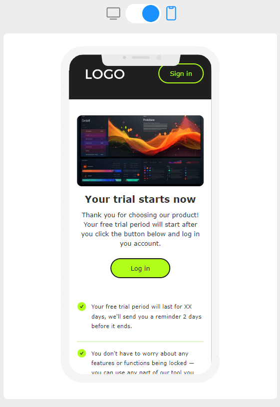 mobile version of the free trial email template by Blocks