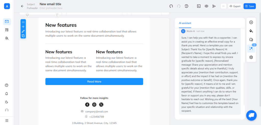 Assistente IA in Blocks con testo generato per il copy dell'email.
