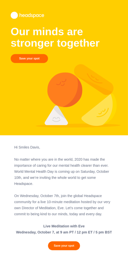 E-Mail-Vorlage von Headspace zum Welttag der seelischen Gesundheit