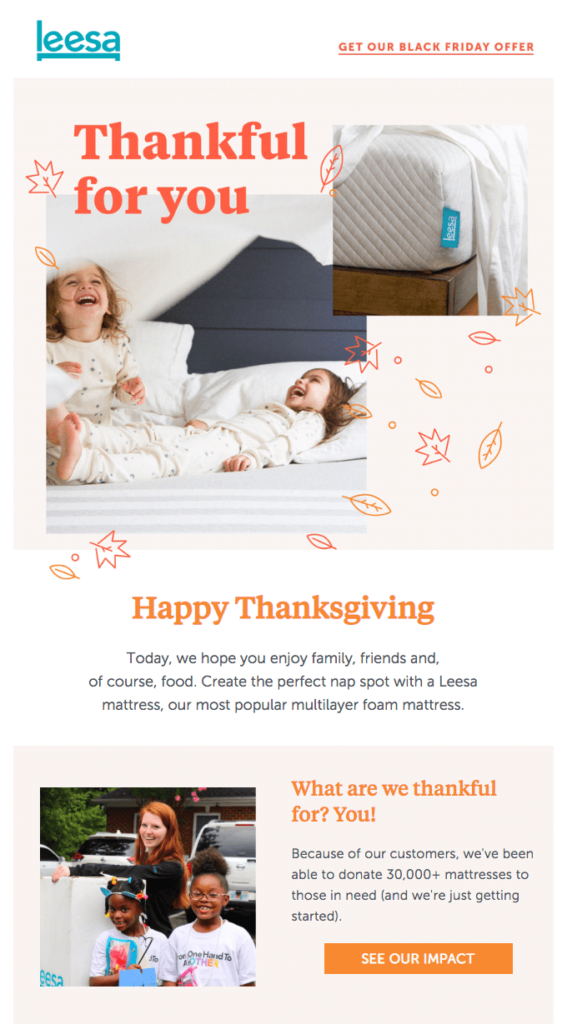 Thanksgiving-E-Mail von Leesa mit Fokus auf gesellschaftliches Engagement