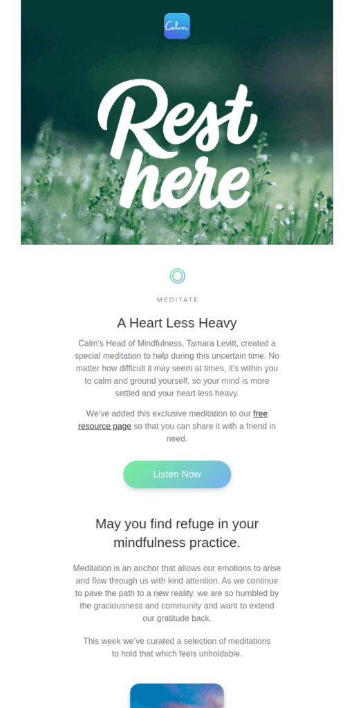 E-Mail-Vorlage von Calm mit Meditationsangeboten gegen Stress
