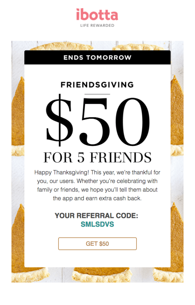 Thanksgiving-E-Mail von ibotta mit einem zeitlich begrenzten Angebot