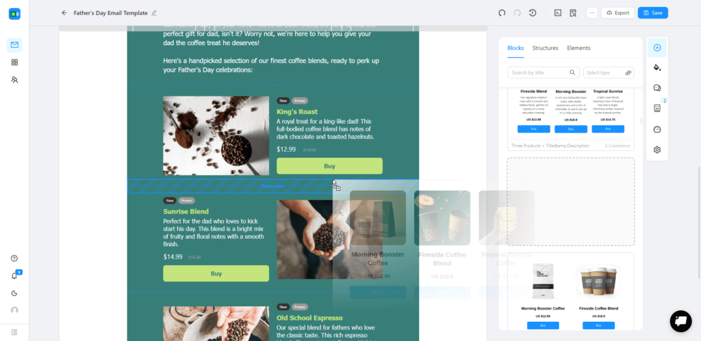Funzioni drag-and-drop di Blocks per creare modelli di email per la Festa del papà