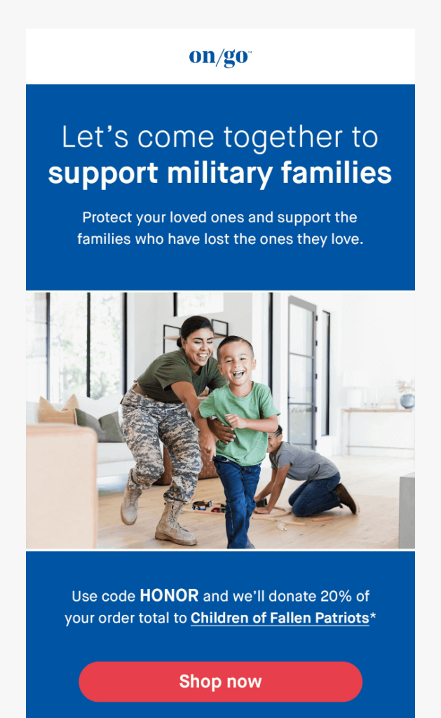 Memorial-Day-E-Mail von On/Go mit CTA für Spenden zur Unterstützung von Militärfamilien