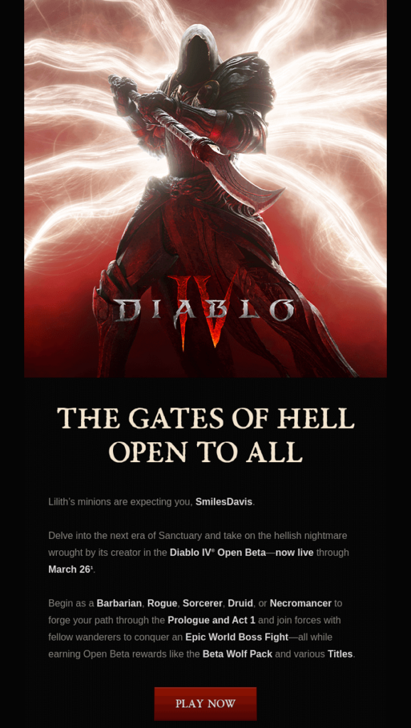 Email per il gaming che annuncia Diablo IV