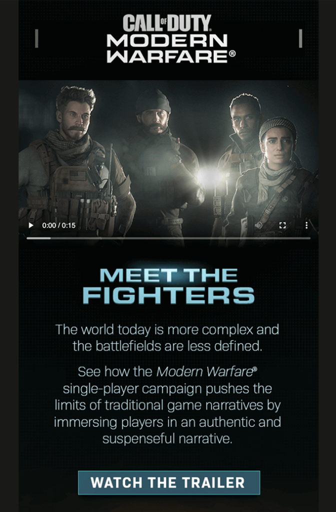 Email per il gaming che include il trailer di Call of Duty: Modern Warfare