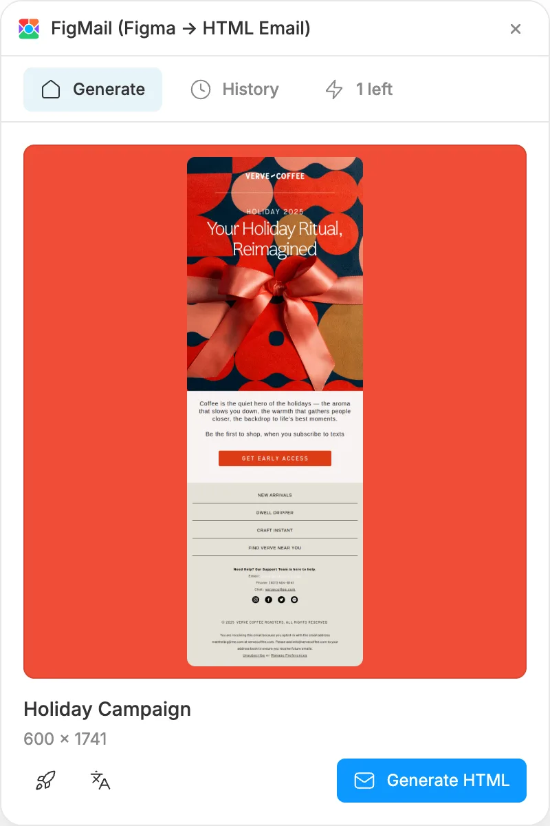 The FigMail plugin in Figma with a frame selected